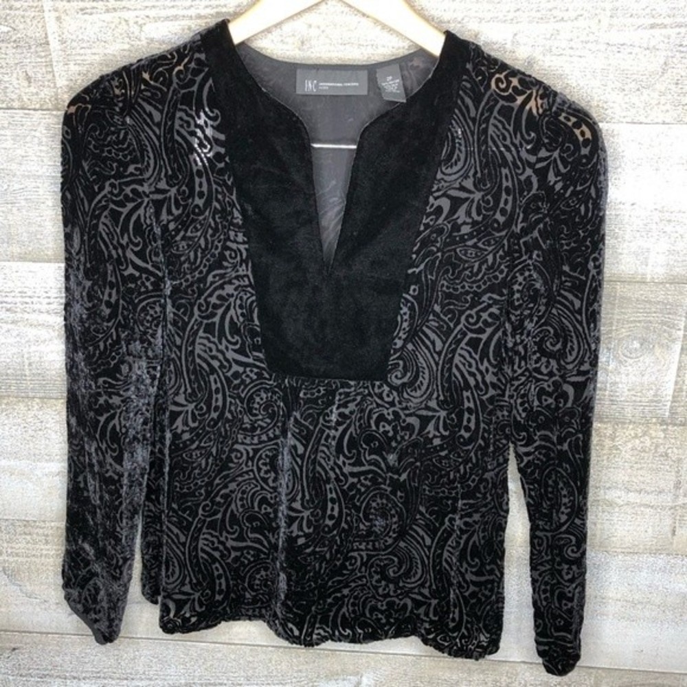 INC International Concepts SP silk blend black paisley boho top